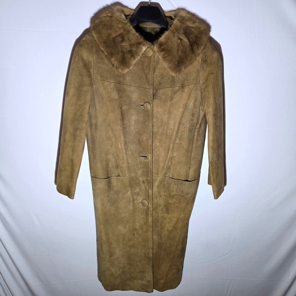 Vintage Tan Suede Leather Trench Coat with Real Fur Collar Women Size 12 Long